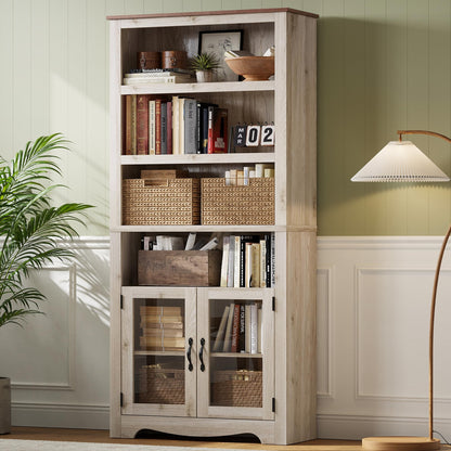 LINSY Bookshelf with Doors, 6 Shelf Bookcase Tall Bookshelves, 73" Farmhouse Book Shelf with Storage Cabinet, Wood Book Shelves for Living Room, Bedroom, Office, Rustic White
