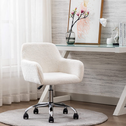 KCC Faux Fur Vanity Makeup Desk Chair, Comfy Fluffy Swivel Modern Leisure Armchair with Wheels, Upholstered Fuzzy Height Adjustable for Teens Women Girls Elegant Home Office