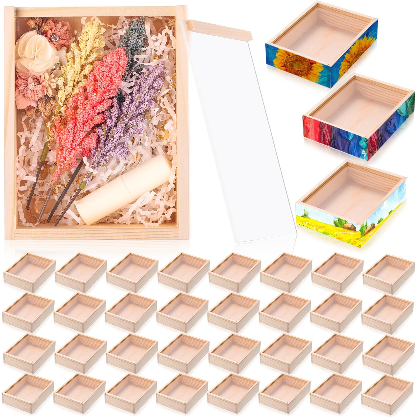 Thyle 48 Pcs Unfinished Wood Display Boxes with Acrylic Lids 6.3 x 4.9 x 1.8 Inch Unfinished Wood Boxes Crafts Gift for Flower DIY Wedding Party Favor Supplies