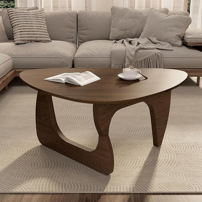 Modern Wood Coffee Table, Triangle Center Table with Premium Wooden Top& Unique Base, 42.5” Small Mid Century Tea Tables for Living Room, Apartment, Office,Walnut
