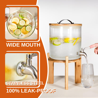 Glass Beverage Dispenser with Bamboo Stand 6.7 In and Lid, Iced 1.5 Gallon Drink Server with Spigot, Large Thick Glass Drink Dispenser for Parties, Hotels, Restaurants, Homes