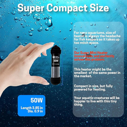 AquaMiracle Upgraded 50W Small Aquarium Heater Fish Tank Heater Turtle Heater Super Mini Aquarium Heater, Dry-Run/Overheating Protection and Memory Function, Dual LED Display, for 5-10 Gal Tanks
