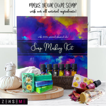 Soap Making Kit for Adults, Make Your Own Soap with Melt & Pour diy gentle soap supplies; 6 Essential Oils, Silicone Soap Mold, Spoon, Dried Flowers, 1.5lbs. Goats Milk Soap Base, 4 Colors, 9 Labels