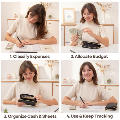 Simplified Cash Envelopes System Budgeting Wallet-NO Envelope & Budget Binder Needed, Multi-pocket Cash Stuffing Wallet, Money Organizer, Expense Tracker Sheets Card Holder, Leather Wallets For Women