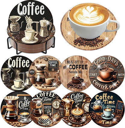 8 Pcs Coffee Diamond Art Coasters Kits, Coffee Diamond Painting Coasters Kit Set with Holder Cork Pads, DIY Diamonds Art Non Slip Coaster Crafts Kits for Adults Beginners Gifts