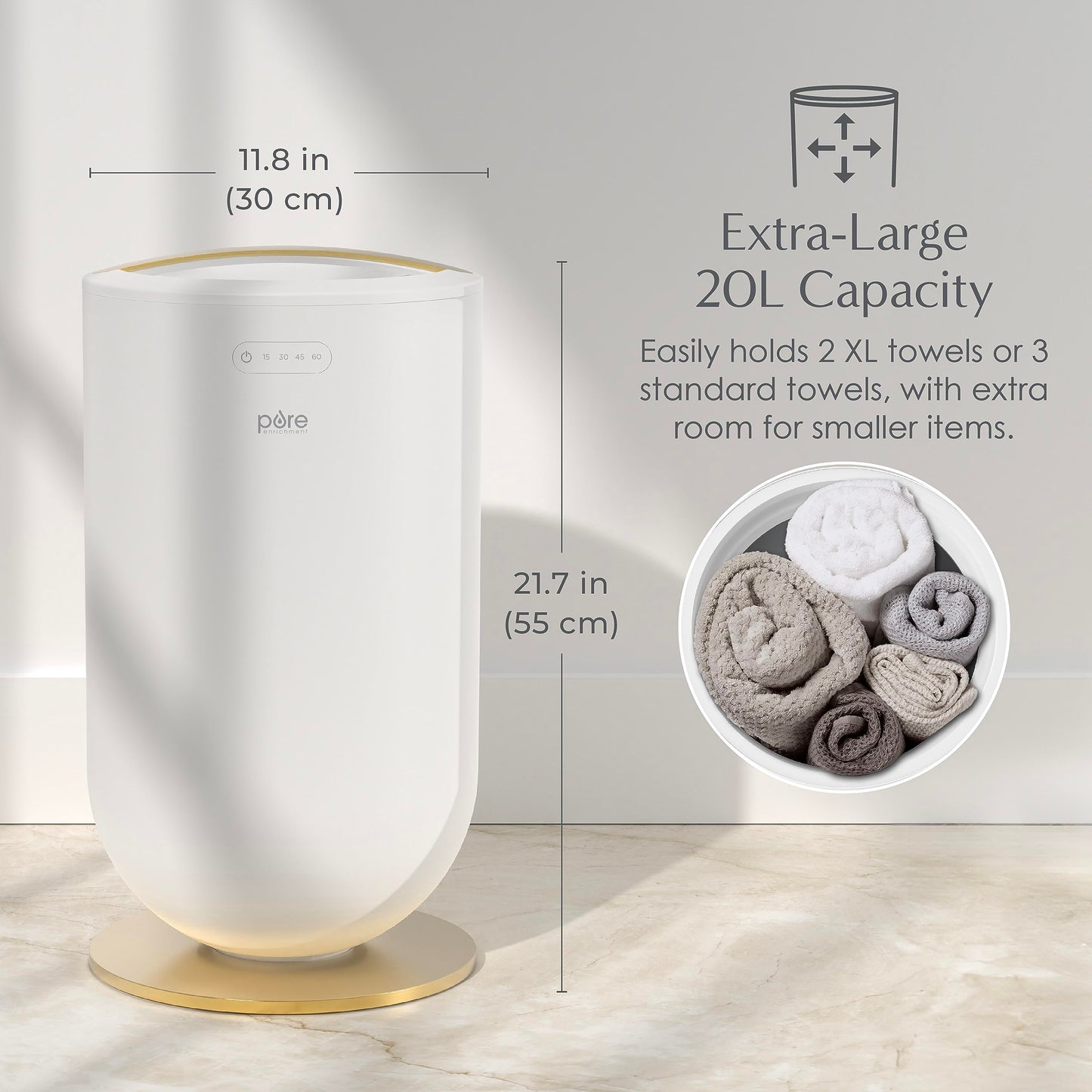 Pure Enrichment PureBliss Luxury Towel Warmer - Extra Large 20L Heats Towels, Robes, Blankets, or Clothing - Modern Bucket Design, 4 Heat Timer Settings & Auto Shut-Off (White & Brushed Gold)