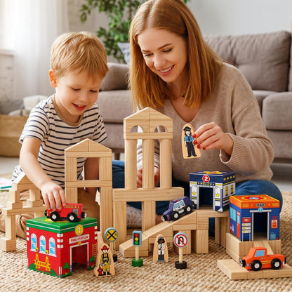 Atoylink Kids Building Blocks for Toddlers 1-3, 108Pcs Wooden Stacking Toys with Community Helpers & Magnetic Wooden Cars Signals, Baby Nesting Boxes Preschool Learning Toys for Boys Girls Gift