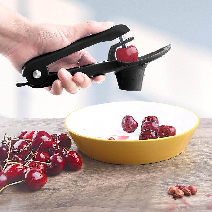 Cherry Pitter, Brighoot Stainless Steel Cherry Pitter Tool Cherries Corer with Lock Design for Making Cherry Jam, Remove Cherry Seed with Space/Safe/Quick (Black)