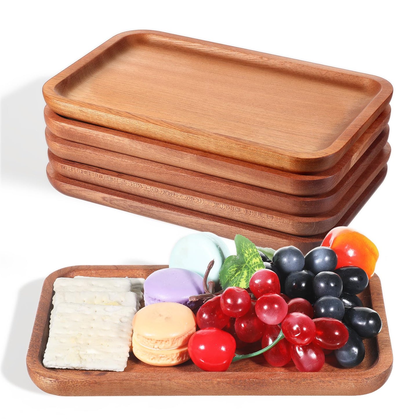6 Pack Solid Wood Serving Platters and Tray with Edge, Natural Ebony Wood Pallet, Rectangular Wooden Serving Platters Mini Charcuterie Board, for Kitchen Counter Bathroom Home Decor Party, 8" x 5"