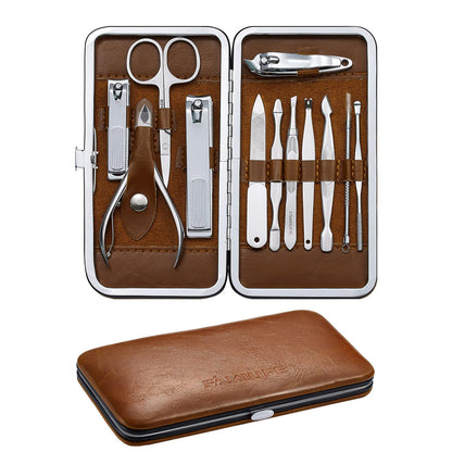 FAMILIFE Manicure Set, Nail Professional Kit Manicure Kits Nail Clipper Sets, 13PCS Stainless Steel Pedicure Sets Mens Grooming Tool, with Brown Leather Travel Case for Men