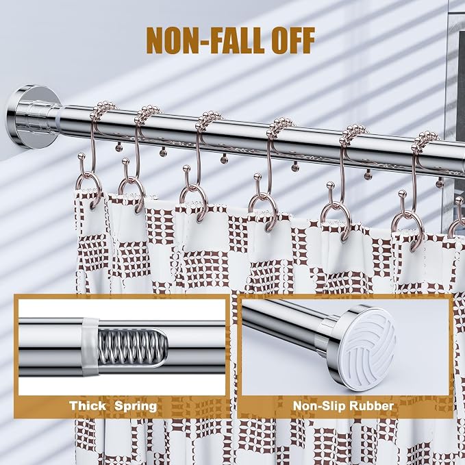 Ausemku Shower Curtain Rod Tension, 32-65 Inch Adjustable Heavy Duty Spring Tension Curtain Rod, No Drill Stainless Steel Telescoping Rod for Bathroom, No Rust, Silver