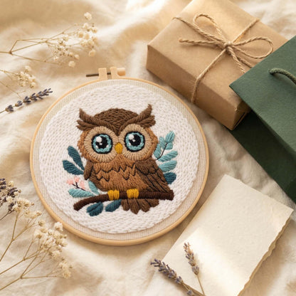 Harimau Punch Needle Kit Owl Pattern,1Pc Embroidery Hoop, Essential Punch Needle Supplies,Ideal Punch Art for Beginners,DIY Adults Embroidery, Video Teaching