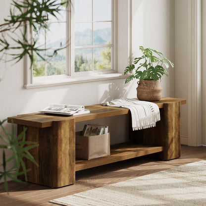 LITTLE TREE Wood Entryway Bench, 63" End of Bed Bench with Storage Shelf, Farmhouse Extra Long Shoe Bench for Entryway, Dining Room, Hallway, Living Room, Bedroom, Double-Reinforced Legs, Brown