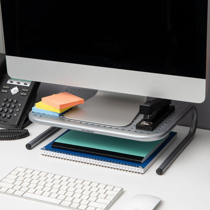 Mind Reader Monitor Stand, Ventilated Laptop Riser, Desktop Organizer, Metal, 14.5"L x 11.25"W x 4.25"H, Set of 2, Silver