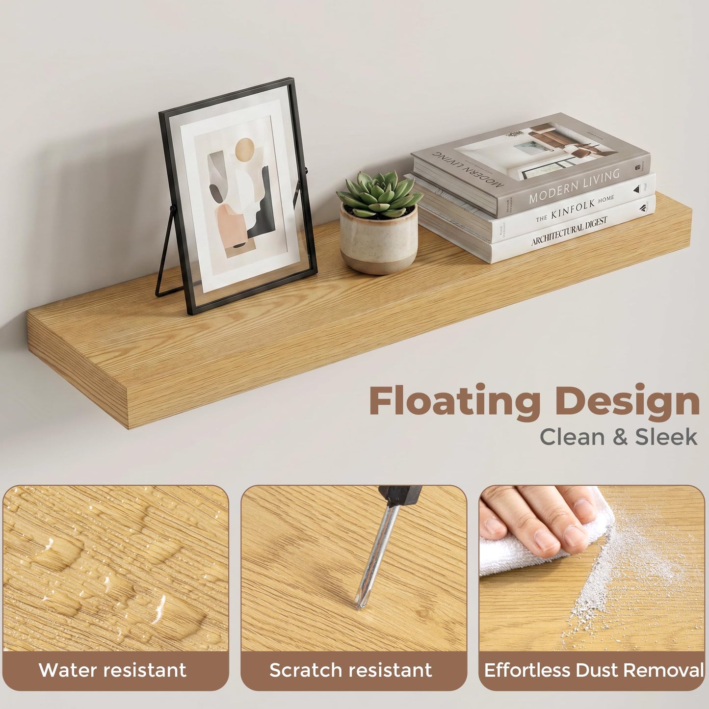 Venusmiles Floating Shelves for Wall, 24 Inch Floating Shelves Set of 2, 6.5" D Wooden Wall Mounted Display Shelves with Invisible Brackets for Living Room, Bedroom, Bathroom, Kitchen Decor, Oak