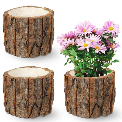 Garneck 3 Pcs Wooden Flower Pots Wood Bark Planters Rustic Tree Stump Containers: Small Natural Log Barrel Buckets for Indoor Outdoor Plants Succulents Home Garden Decor
