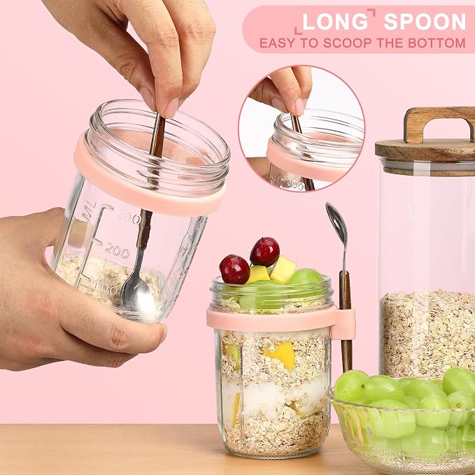 16oz Glass Mason Overnight Oats Jars, Cereal, Yogurt, Salad Lunch,Glass Overnight Oats Containers with Lids and Spoon, Container with Measurement Marks -(Grey&Pink-2Pcs)