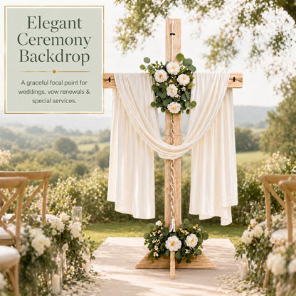 71 Inch Wedding Large Wood Cross, A Cord of Three Strands Wedding Ceremony Sign – White Chiffon Drape, Rose Flower Swags, Large Standing Christian Altar Cross for Outdoor Indoor Ceremony and Reception (White)