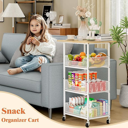 ThreeHio Rolling Kitchen Microwave Cart with Fruit Baskets, 4 Tier Microwave Table Stand with Storage, Kitchen Storge Shelf on Wheels Small Rolling Cart Organizer Rack for Pantry, Living Room