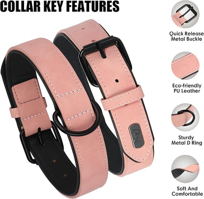 Didog Soft Padded PU Leather Dog Collar, Breathable and Adjustable Pink Dog Collars for Small Dogs, Comfortable for Daily Walk, Pink, M Fit Neck 11-14"(10-20 lbs)