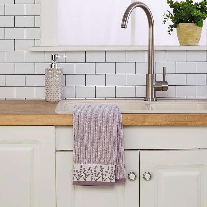 SKL Home Lavender Border 100% Cotton Jacquard 2pc Hand Towel Set, Embroidered &