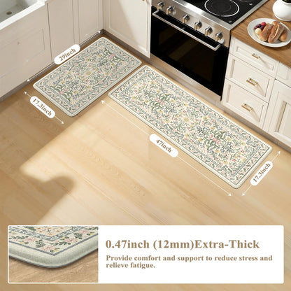 Collive Anti Fatigue Mat for Kitchen Floor, Spring Floral Kitchen Mats for Floor Set of 2, Beige Cushioned Waterproof Sink Rugs Non Slip Comfort Standing Rug for Office, Laundry, Desk