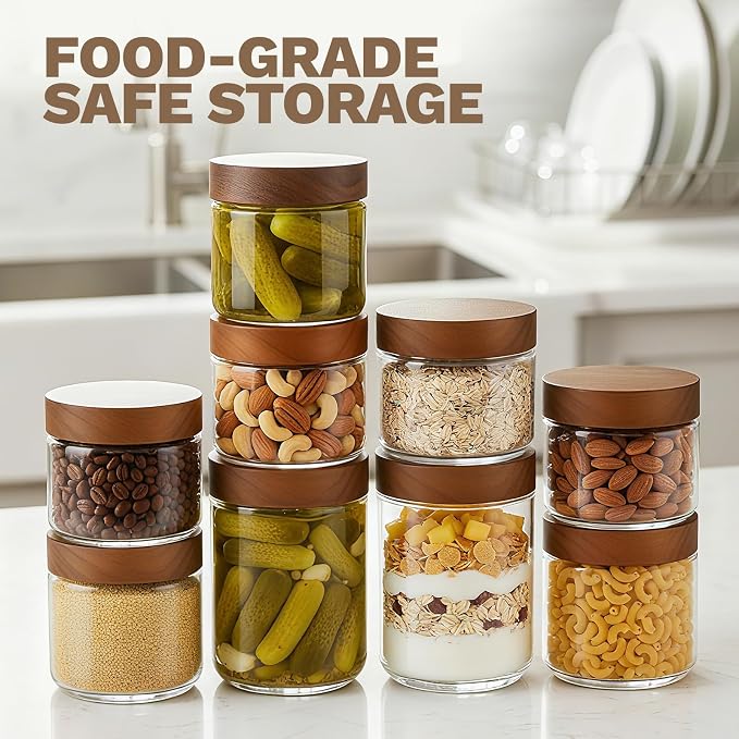Bumobum 10 oz Glass Mason Jars with Lids, Glass Container with Acacia Wood Airtight Lid, Wide Mouth Canisters for Chia Pudding Loose Tea Coffee Meal Prep Parfait Salad Snacks Yogurt Spice, 6-Pack