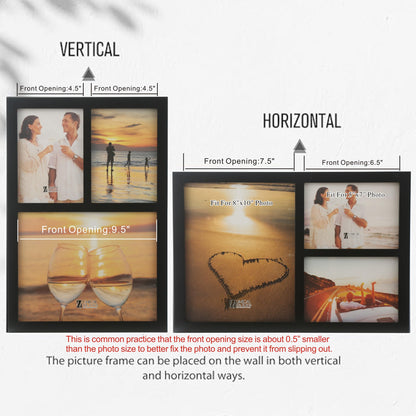 UMICAL Collage Picture Frame for 8x10 and 2 5x7 Pictures Display with Shatter-Resistant Glass & Black Wood 3-Openings Photo Frames Made for Tabletop Stand and Wall Mounting