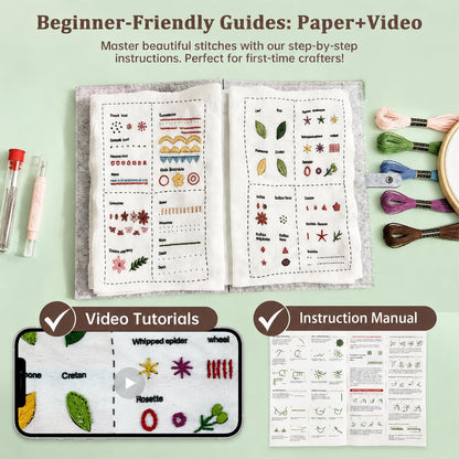 NBNQ Embroidery Stitch Book Kit for Beginners with Portable 10.65"x8.27" Loose-Leaf Cover, Includes 6 Fabric Pages, Complete Toolkit, Instructions and Videos.