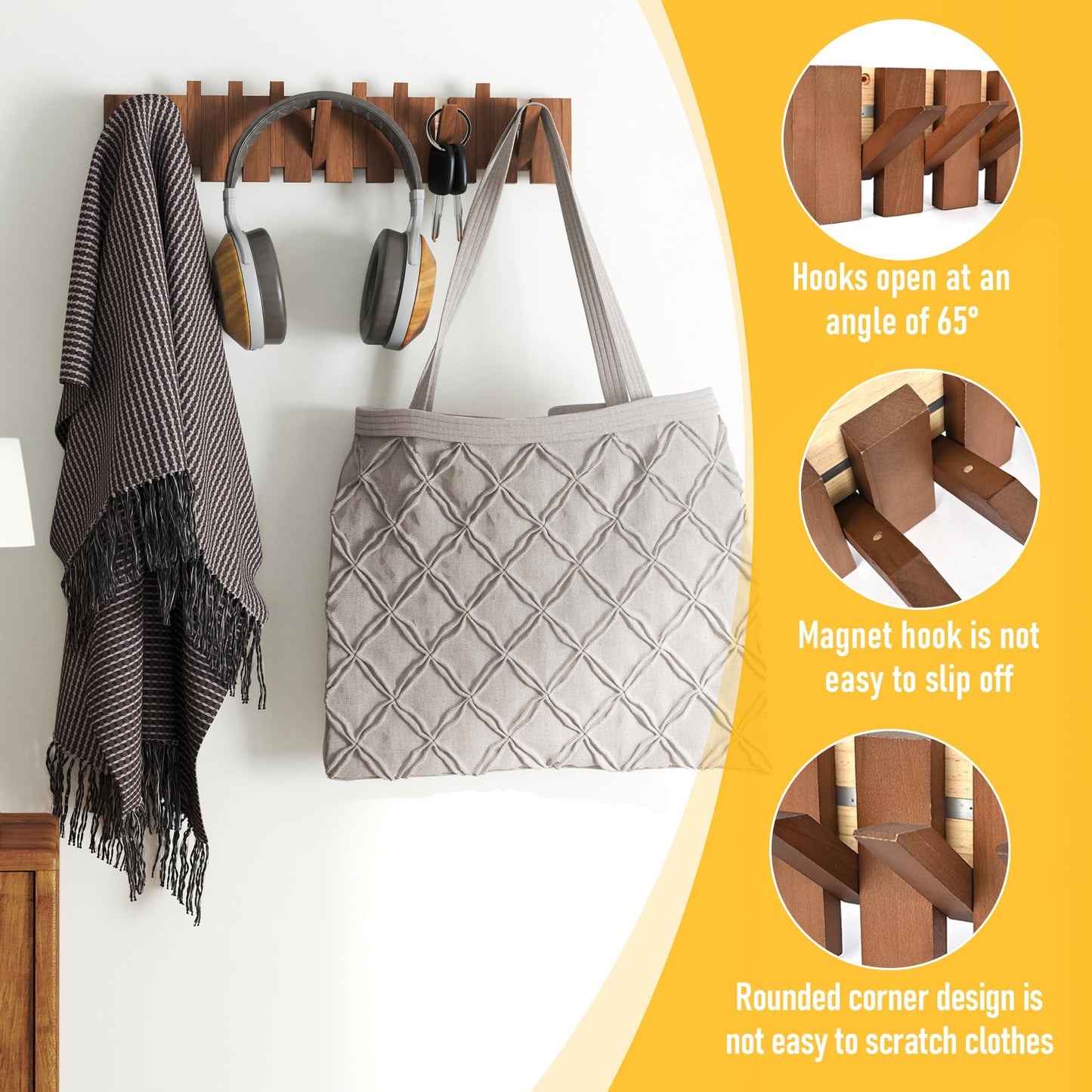 Qriocioa Wood Wall Mounted Coat Rack with 10 Flip Down Hooks, Heavy Duty Piano Style Wall Hook Rack, Decorative Coat Hooks Wall Mount for Entryway, Living Room, Bedroom, Bathroom, Kitchen