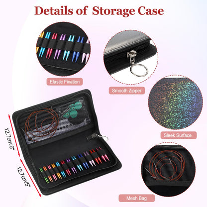 Hoowen Short Interchangeable Knitting Needles Set, 2-Inch Metal Circular Knitting Needles Kit for Beginners, 12 Pairs, Size US 2.5, 3, 4, 5, 6, 7, 8, 9, 10, 10.5, 11 with Case, Cables & Accessories