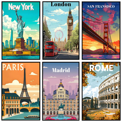 CHWGLFGG Travel City Paint by Numbers Kit for Adults Beginner, 6 Pack Adult Paint by Number Kits on Canvas, DIY Acrylic Oil Easy Painting by Numbers for Home Wall Decor 8X12 inch (Without Frame)