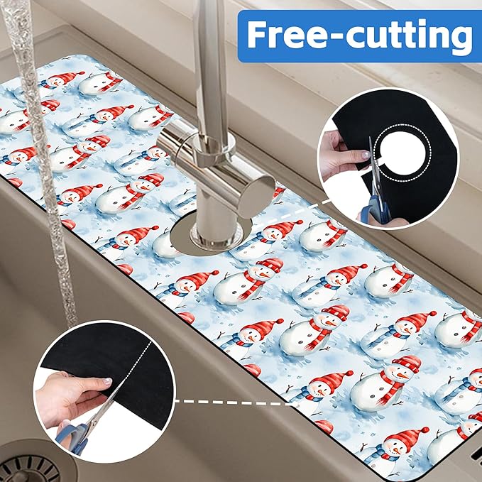Christmas Snowman with Hat Kitchen Sink Splash Guard Mat Absorbent Fast Drying