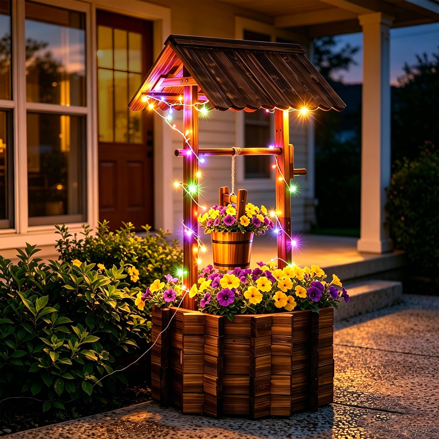 AUTO DAYA 54" Wooden Wishing Well Planter with 11-Mode LED Lights, Timer Settings, Rustic Outdoor Garden Decor with Adjustable Hanging Bucket, Drainage Base & Liner for Patio Yard Backyard