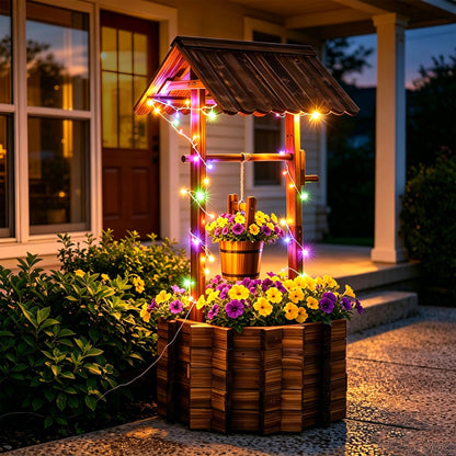 AUTO DAYA 54" Wooden Wishing Well Planter with 11-Mode LED Lights, Timer Settings, Rustic Outdoor Garden Decor with Adjustable Hanging Bucket, Drainage Base & Liner for Patio Yard Backyard