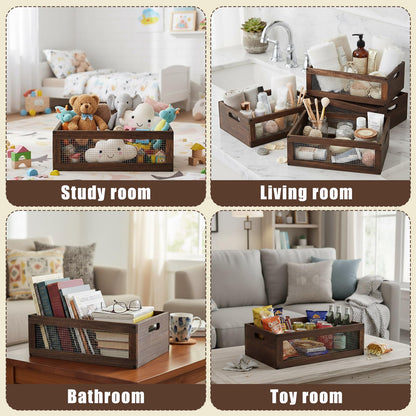 4 Pcs Wooden Countertop Baskets for Kitchen Bathroom, Easy Self-assembly Rustic Nesting Boxes with Handle and Wire Mesh, Multipurpose Wooden Crates for Fruit, Include Screws (Medium,Burnt Wood Finish)