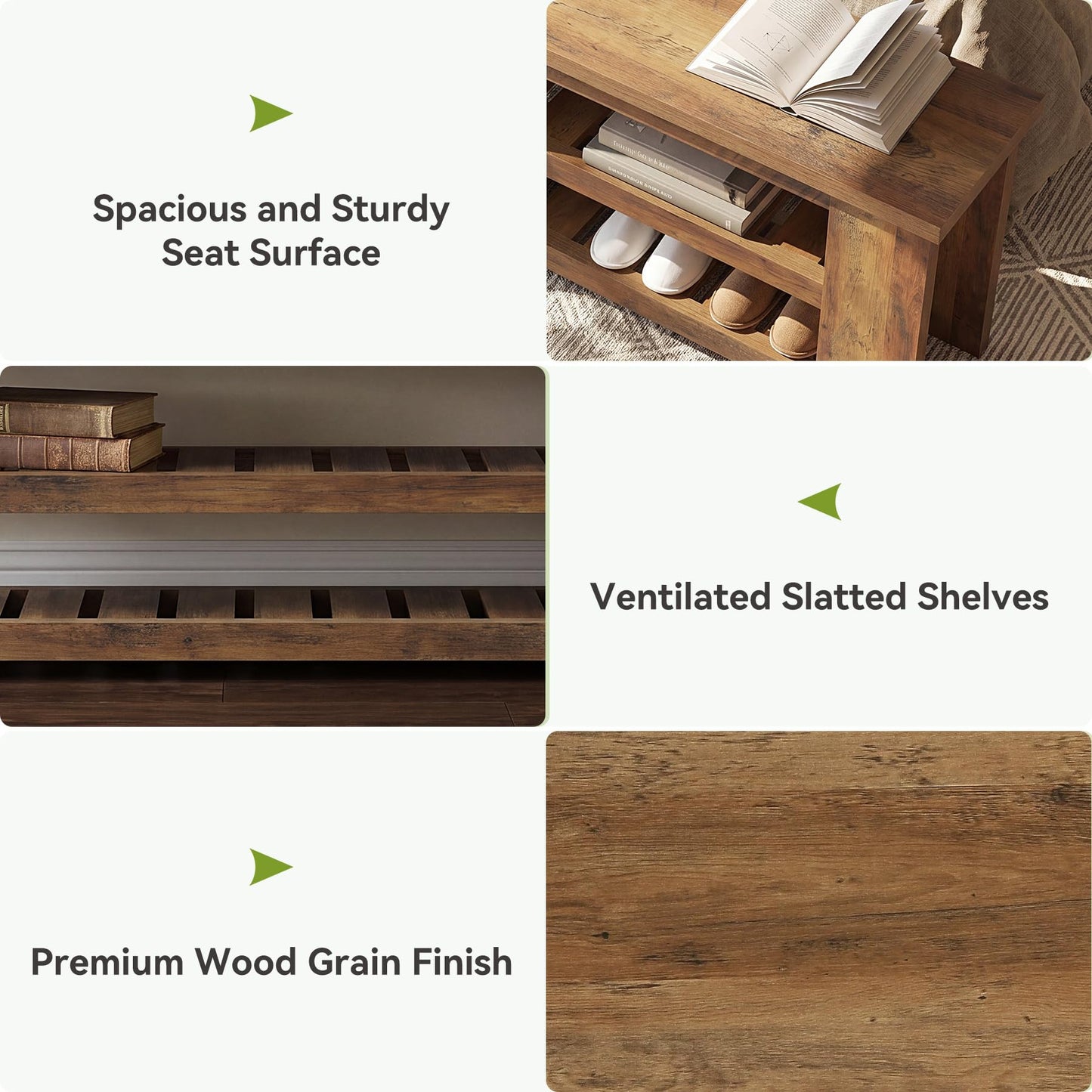 LITTLE TREE Entryway Bench, 55" Wood Shoe Bench, Farmhouse End of Bed Bench with 2-Tier Storage Shelves, Dining Bench for Entryway, Living Room, Bedroom, Hallway, End of Bed, Rustic Brown