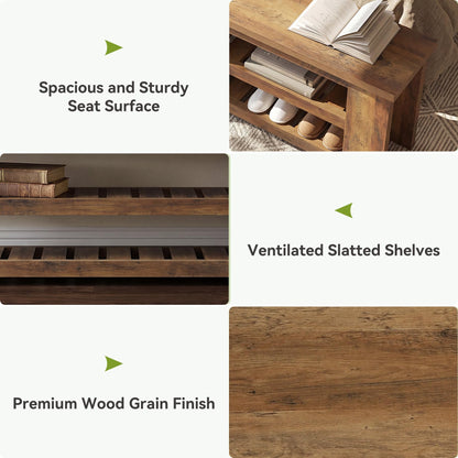 LITTLE TREE Entryway Bench, 55" Wood Shoe Bench, Farmhouse End of Bed Bench with 2-Tier Storage Shelves, Dining Bench for Entryway, Living Room, Bedroom, Hallway, End of Bed, Rustic Brown