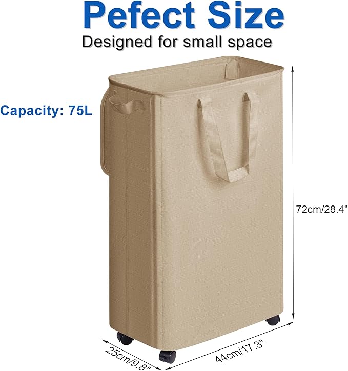 Slim Laundry Hamper with Lid and Wheels, Small Rolling Laundry Basket with