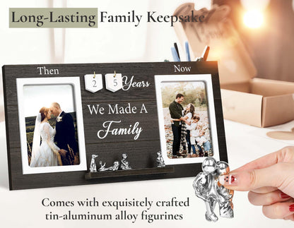 DREAMORIE Then & Now Anniversary Picture Frame with Tin Family Figurines – Rustic Wooden 1-99 Years Wedding Gift for Couples, Custom Number Tiles
