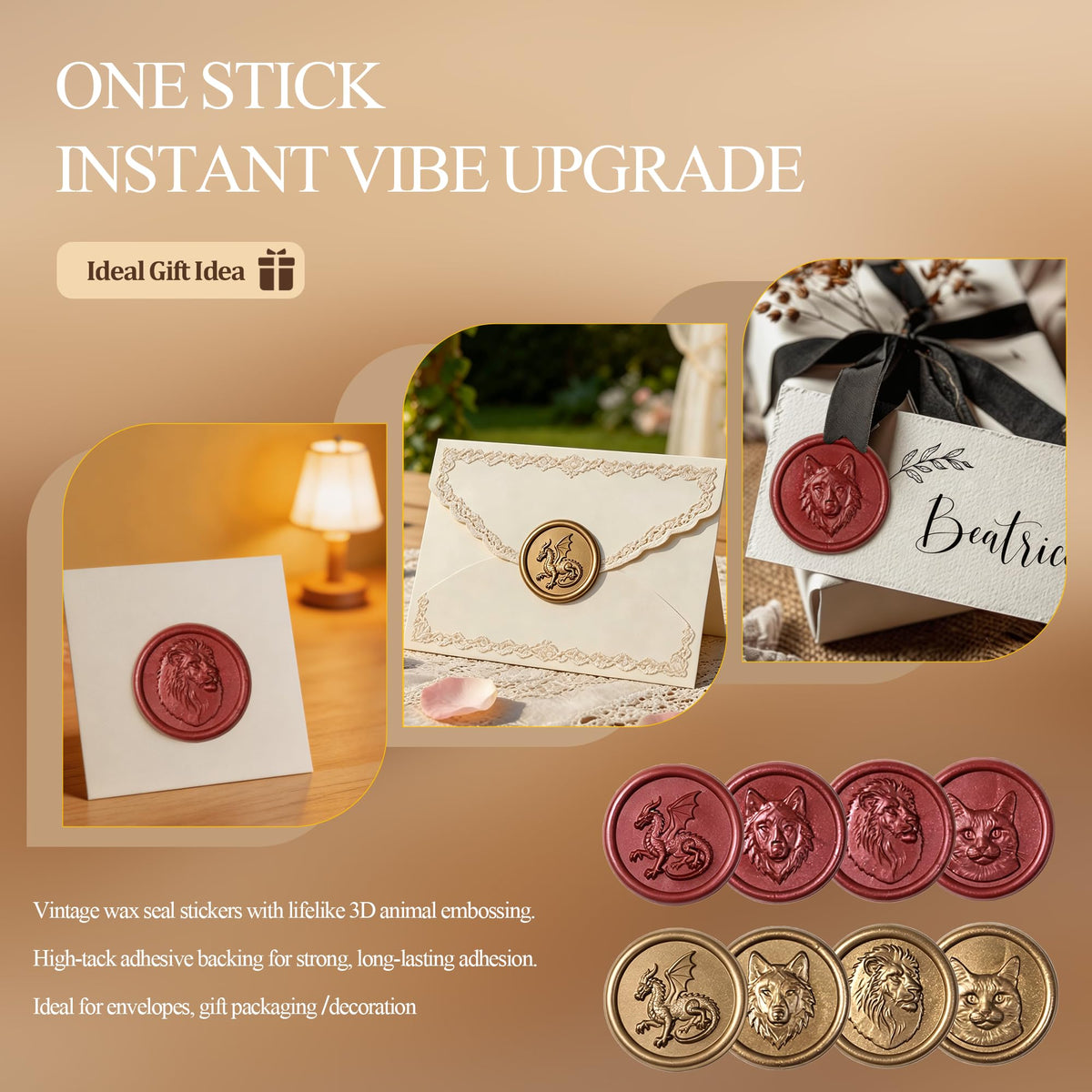 Mceal Wax Seal Stickers - 50 Pcs Gold Cat 3D Embossed Stickers with Strong Adhesive 30mm/1.18Inches Diameter for Invitation Gift Wrapping Christmas Holiday