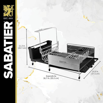Sabatier Expandable Dish Drying Rack with Drainboard - Stainless Steel Dish Rack for Kitchen Counter, Stemware Holder and Utensil Caddy Included