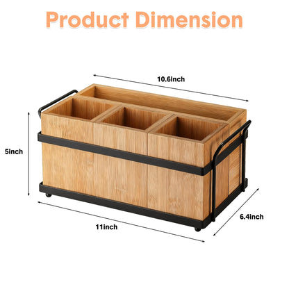 Garvee Bamboo Utensil Holder for Party, Wooden Flatware Silverware Caddy with 4 Detachable Compartments & Metal Tray, Cutlery Holder Organizer for Kitchen Camping Picnic Buffet