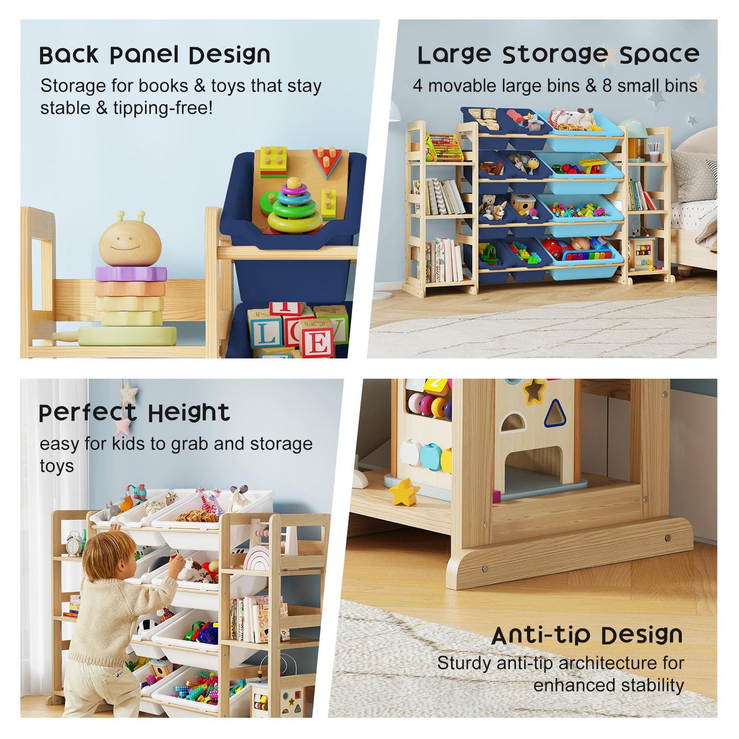 EXPERLAM Extra Large Toy Storage - Toy Storage Organizer, Wooden Toy Organizer with 6 Side Shelves and 12 Bins, 3-in-1 Bookshelf for Kids Rooms, Playroom, Nursery, Blue