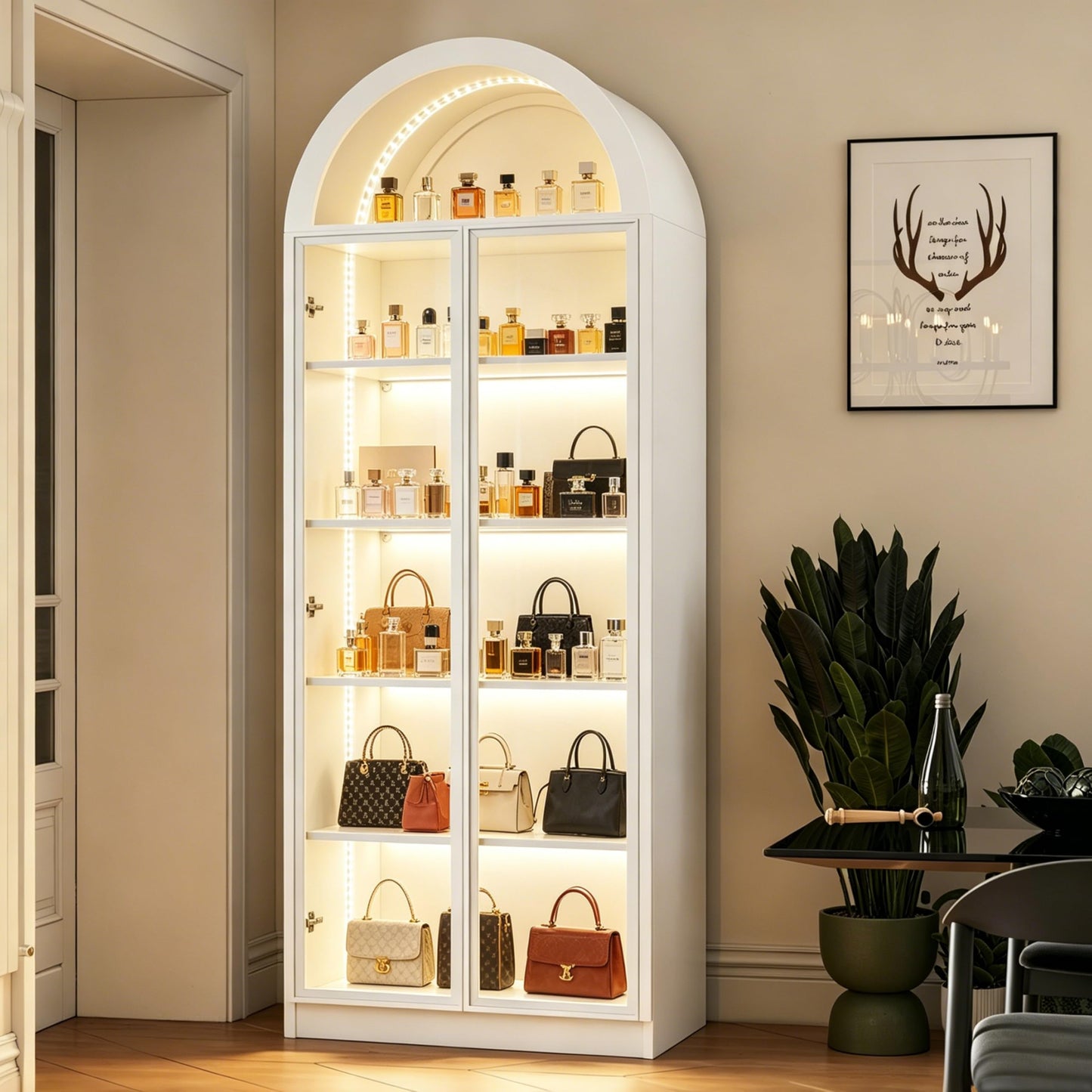Wildhome Wooden Curio Cabinet with Acrylic Glass Door,77" Tall Arch Display Cabinet & Perfume Organizer with LED Light,Showcase for Collections, Perfume,Vinyl Albums, Bookcase(Arched top-White, Large)