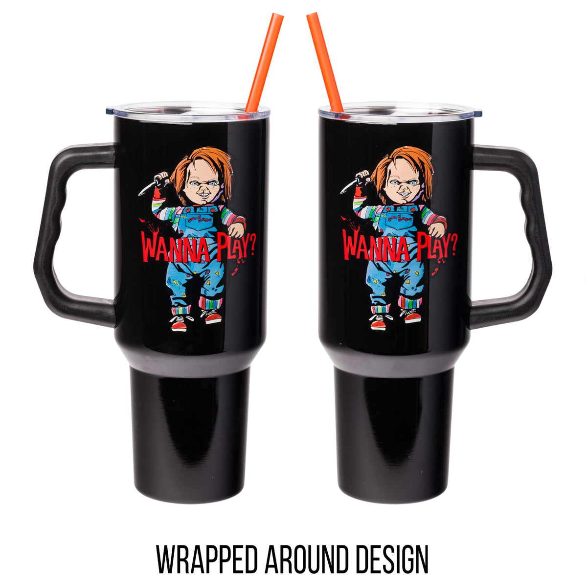 Silver Buffalo Chucky Holding Knife Wanna Play Spooky Scary Double Walled Stainless Steel Tumbler with Handle and Straw, Fits in Standard Cup Holder, 40 Ounces