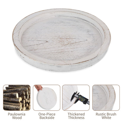Hanobe Rustic Wooden Serving Tray: Round Wood Decorative Tray Rustic White Set of 2 Centerpiece Candle Holder Trays Farmhouse Ottoman Tray for Kitchen Counter Home Decor for Coffee Table