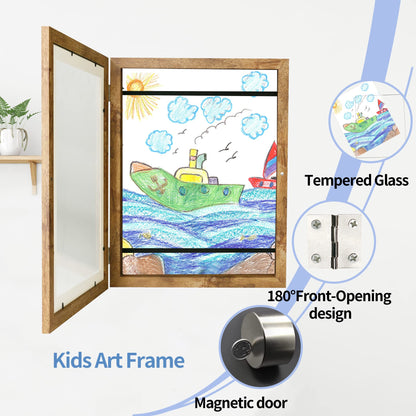 Kids Art Frames 8.5x11 - Front Opening Childrens Picture Frame Changeable, Wood Artwork Display Storage for Wall Mount, Magnetic Door Holds 50 Art Pieces for Drawings, 3D Picture, Crafts, Portfolio, Brown