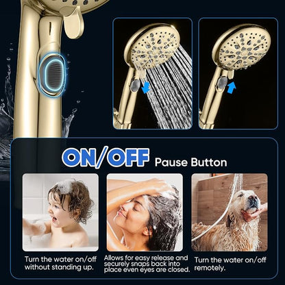 Cobbe 9-Function Shower Head with Built-in Power Spray, 1.8 GPM Water Saving ON/OFF Toggle Switch, High Pressure Handheld Showerhead with 1-Click Pause Button, Brass Bracket & 6ft Hose, Gold