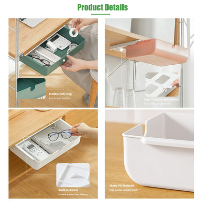 PitorKiter Under Desk Drawer, 2 Pack Large and Medium Hidden Self-Adhesive Under Desk Organisers for Storage of Cutlery, Office Supplies, Stationery and Cosmetics (White-2)